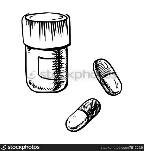 Medication bottle with pills and capsules isolated on white background. For healthcare theme, sketch style. Bottle sketch with pills and capsules