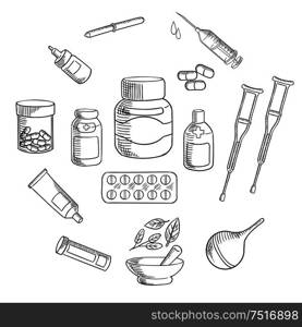 Medication bottles sketch icon, surrounded by pills, capsules, syringe, drops, pipette, ointment tube, enema, forearm crutches and apothecary mortar and pestle with healing herbs. Medicine and pharmacy sketch icon