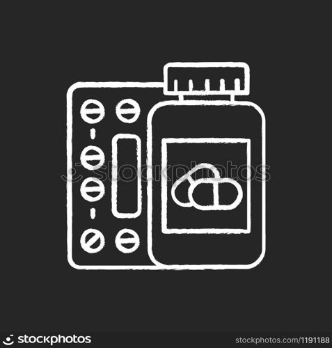 Medication chalk icon. Pills in bottle. Prescription and supplement. Medical product. Pharmaceutical medicament. Tablets and capsules. Painkiller dose. Isolated vector chalkboard illustration
