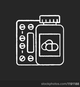 Medication chalk icon. Pills in bottle. Prescription and supplement. Medical product. Pharmaceutical medicament. Tablets and capsules. Painkiller dose. Isolated vector chalkboard illustration