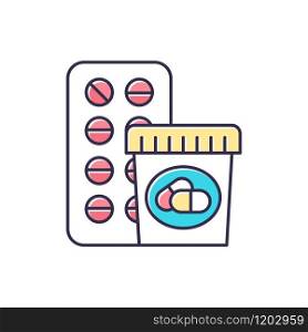 Medication color icon. Prescribed pills. Pharmacy and medicine. Allergy treatment. Diet supplement. Aspirin in bottle. Painkiller drug. Disease help. Illness remedy. Isolated vector illustration