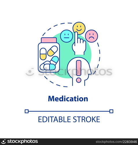 Medication concept icon. Medication prescription. Conduct disorder treatment abstract idea thin line illustration. Isolated outline drawing. Editable stroke. Arial, Myriad Pro-Bold fonts used. Medication concept icon