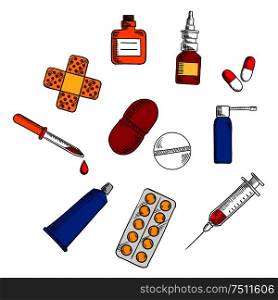 Medication, drug and pills icons with capsules and blister of pills, nose and throat spray, syringe, drops bottle and dropper, sticking plaster and ointment tube. Pills, drugs and medication icons