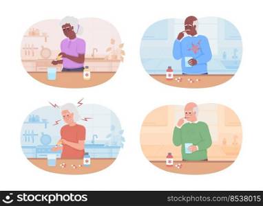 Medication for elderly patients 2D vector isolated illustrations set. Pharmaceutical supplement flat characters on cartoon background. Colourful editable scenes for mobile, website, presentation pack. Medication for elderly patients 2D vector isolated illustrations set