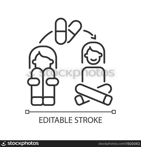 Medication for panic treatment linear icon. Anti anxiety pills. Mental disorder therapy. Thin line customizable illustration. Contour symbol. Vector isolated outline drawing. Editable stroke. Medication for panic treatment linear icon