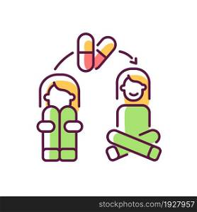 Medication for panic treatment RGB color icon. Anti anxiety pills. Mental disorder therapy. Antidepressants and sedative medicine. Isolated vector illustration. Simple filled line drawing. Medication for panic treatment RGB color icon