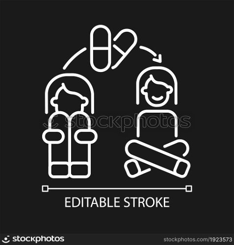 Medication for panic treatment white linear icon for dark theme. Mental disorder therapy. Thin line customizable illustration. Isolated vector contour symbol for night mode. Editable stroke. Medication for panic treatment white linear icon for dark theme