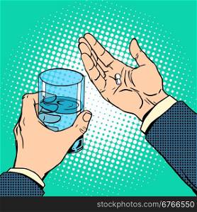 Medication health pills in hand. A glass of water. Pop art retro style. Medication health pills in hand