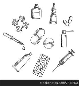 Medication icons with drugs icons as capsules, blister of pills, nose and throat sprays, syringe, drops bottle and dropper, sticking plaster and ointment tube. Vector sketch illustration. Pills, drugs and medical icons sketches