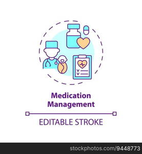 Medication management concept icon. Doctor prescription. Side effect. Disease treatment. Pediatric hospital. Care plan abstract idea thin line illustration. Isolated outline drawing. Editable stroke. Medication management concept icon