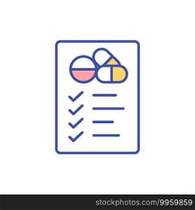 Medication management RGB color icon. Checklist of medicament. Health care. List of prescription pills. Pharmacology document. Pharmaceutical treatment. Isolated vector illustration. Medication management RGB color icon