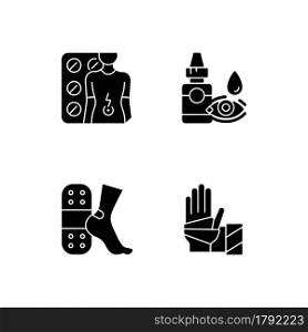 Medication options black glyph icons set on white space. Digestive wellbeing. Eye drops. Skin protection from friction. Sterile wound dressing. Silhouette symbols. Vector isolated illustration. Medication options black glyph icons set on white space