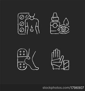 Medication options chalk white icons set on dark background. Digestive wellbeing. Eye drops. Skin protection from friction. Sterile wound dressing. Isolated vector chalkboard illustrations on black. Medication options chalk white icons set on dark background