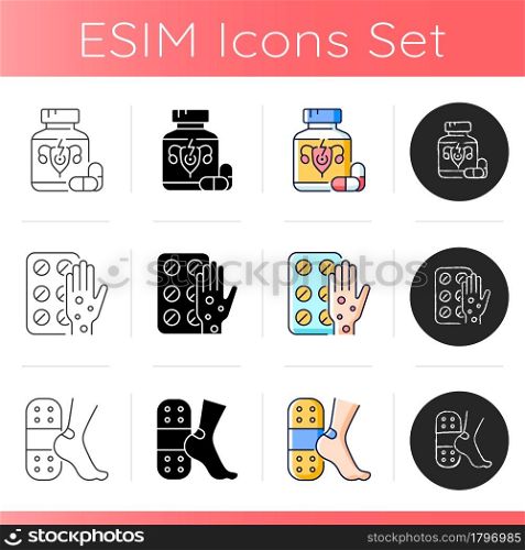 Medication options icons set. Relieve painful menstruation. Antihistamine medication. Patches for blisters. Pills for period cramps. Linear, black and RGB color styles. Isolated vector illustrations. Medication options icons set