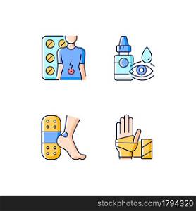 Medication options RGB color icons set. Digestive wellbeing. Eye drops. Skin protection from friction. Sterile wound dressing. Isolated vector illustrations. Simple filled line drawings collection. Medication options RGB color icons set