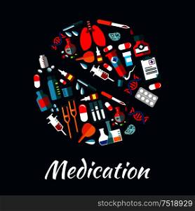 Medication poster with icons set in pill shape. Medical vector elements. Hospital infographic with icons of health care equipment dropper, syringe, scalpel, pill, stethoscope, blood, ointment. Medication poster with icons in pill shape