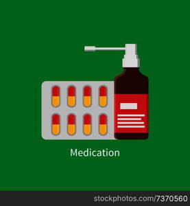 Medication poster with inhaler glass bottle and strip of pills. Capsules blister for treatment and patients recovery isolated on vector illustration. Medication Poster Inhaler Vector Illustration