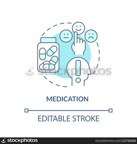 Medication turquoise concept icon. Medications. Conduct disorder treatment abstract idea thin line illustration. Isolated outline drawing. Editable stroke. Arial, Myriad Pro-Bold fonts used. Medication turquoise concept icon