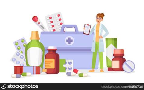 Medication vector concept. Woman pharmacist standing near box with pills. Medical blisters, bottles with tablets. Cartoon capsules, thermometer and tube with ointment vector illustration. Medication vector concept. Woman pharmacist standing near box with pills. Medical blisters, bottles with tablets