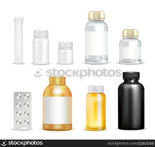 Medication Vitamins Packaging Set. Isolated vitamins packaging images of empty vials transparent flask circumflex caps and blister pack of pills vector illustration