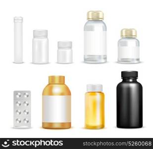 Medication Vitamins Packaging Set. Isolated vitamins packaging images of empty vials transparent flask circumflex caps and blister pack of pills vector illustration