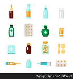 Medications Icon Set. Medications icon set with different types of drugs and medical products in form of droplets blisters and tablets vector illustration