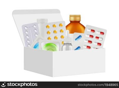 Medications kit. First aid box, realistic pills, bottles condoms. Isolated 3d white cardboard packing with drugs vector illustration. Medical aid box kit, medicine emergency equipment. Medications kit. First aid box, realistic pills, bottles condoms. Isolated 3d white cardboard packing with drugs vector illustration