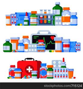 Medications. Medicine pills, pharmaceutical medication bottle and antibiotic pill. Pharmacy drugs, flu syrup and aspirin or ointment cure. Painkiller treatment isolated vector illustration set. Medications. Medicine pills, pharmaceutical medication bottle and antibiotic pill. Pharmacy drugs isolated vector illustration set