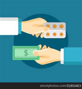 Medications Purchase Composition. Medications purchase composition with two hands buyer and seller in flat style vector illustration