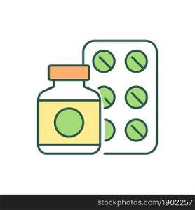 Medications RGB color icon. Remedy and medicine. Analgesic and antibiotic. Medicine therapy and treatment. Medical prescription. Isolated vector illustration. Simple filled line drawing. Medications RGB color icon