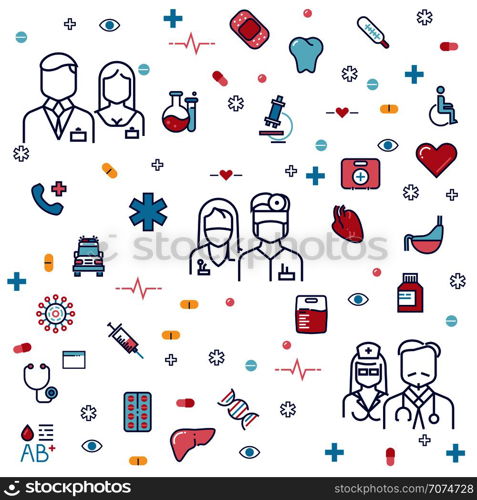 Medicinal concept design with hospital staff, equipment pills. Vector illustration. Medicinal concept design with hospital staff, equipment pills