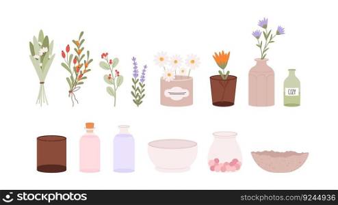 Medicinal herbs, flowers in vases and glasses, empty bottles and bowls. Cozy home collection, decor and crockery. Chamomile and lavender, herbal vector set of herbal medicine illustration. Medicinal herbs, flowers in vases and glasses, empty bottles and bowls. Cozy home collection, decor and crockery. Chamomile and lavender, herbal vector set