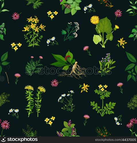 Medicinal Herbs Seamless Pattern. Seamless color pattern with dark background depicting different medicinal herbs vector illustration