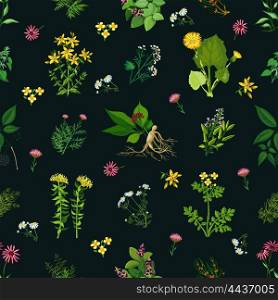 Medicinal Herbs Seamless Pattern. Seamless color pattern with dark background depicting different medicinal herbs vector illustration