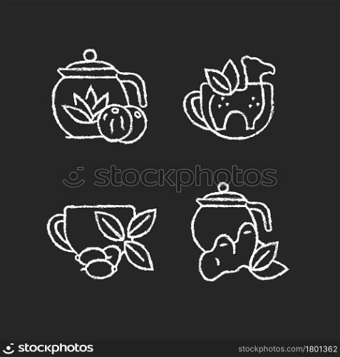 Medicinal tea chalk white icons set on dark background. Ginger, lemon and honey beverage. Rosehip infusion. Silicone funny infuser. Isolated vector chalkboard illustrations on black. Medicinal tea chalk white icons set on dark background