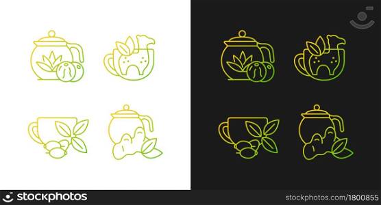 Medicinal tea gradient icons set for dark and light mode. Ginger, lemon and honey beverage. Thin line contour symbols bundle. Isolated vector outline illustrations collection on black and white. Medicinal tea gradient icons set for dark and light mode