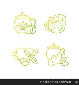 Medicinal tea gradient linear vector icons set. Ginger, lemon and honey beverage. Rosehip infusion. Silicone infuser. Thin line contour symbols bundle. Isolated vector outline illustrations collection. Medicinal tea gradient linear vector icons set.