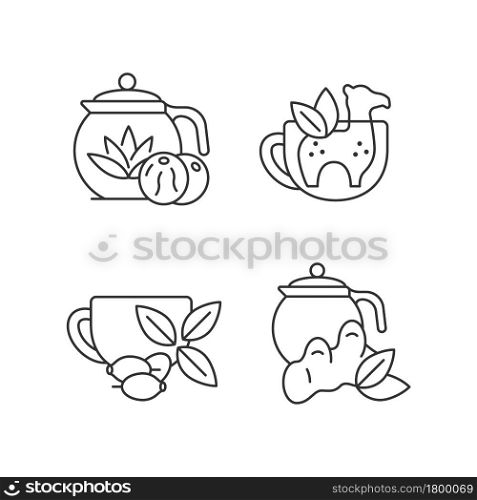 Medicinal tea linear icons set. Ginger, lemon and honey beverage. Silicone funny infuser. Customizable thin line contour symbols. Isolated vector outline illustrations. Editable stroke. Medicinal tea linear icons set