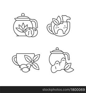 Medicinal tea linear icons set. Ginger, lemon and honey beverage. Silicone funny infuser. Customizable thin line contour symbols. Isolated vector outline illustrations. Editable stroke. Medicinal tea linear icons set