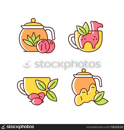 Medicinal tea RGB color icons set. Ginger, lemon and honey beverage. Rosehip infusion. Silicone funny infuser. Isolated vector illustrations. Simple filled line drawings collection. Medicinal tea RGB color icons set
