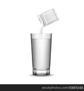 Medicine And Glass Illustration . Blank white medicine packaging and glass of water realistic vector illustration