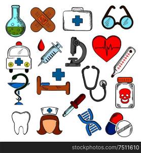 Medicine and health icons set hospital and pharmacy signs, nurse and ambulance, first aid box and pills, syringe, stethoscope and heart ecg, tooth and glasses, dna, medication and microscope. Medicine and medication icons set