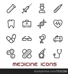 Medicine and health thin line icons set with silhouettes of hospital and pharmacy signs, nurse, ambulance, first aid box, pills, syringe, stethoscope eyeglasses cardiology flask heart ecg, tooth, dna, microscope. Medicine and health thin line icons set