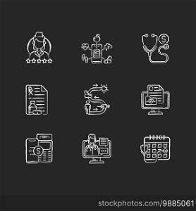 Medicine and healthcare chalk white icons set on black background. Review doctor. Health data collection. Doctor check up cost. Prescription. Isolated vector chalkboard illustrations. Medicine and healthcare chalk white icons set on black background