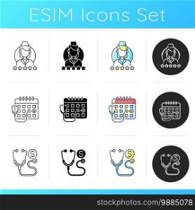 Medicine and healthcare icons set. Consultation time. Primary care doctor visit. Review doctor. Doctor check up cost. Linear, black and RGB color styles. Isolated vector illustrations. Medicine and healthcare icons set