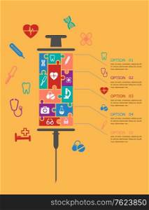 Medicine and healthcare infographic elements with text and options to the right and a hypodermic syringe made up of an assortment of colorful medical icons alongside