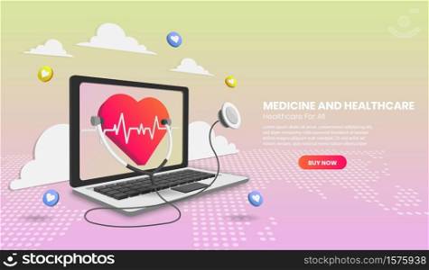 Medicine and healthcare modern design in 3d Perspective concept. Online diagnosis concept. Landing page template.3d Perspective vector illustration.