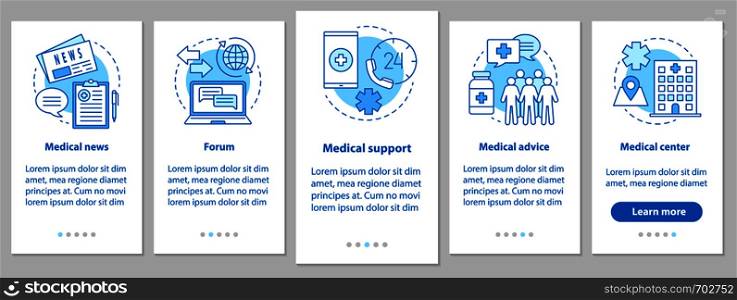 Medicine and healthcare onboarding mobile app page screen with linear concepts. Medical news, forum, advice, clinic, support steps graphic instructions. UX, UI, GUI vector template with illustrations. Medicine and healthcare onboarding mobile app page screen with l