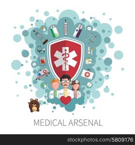 Medicine and healthcare protection services colorful arsenal concept vector illustration. Medicine healthcare services concept