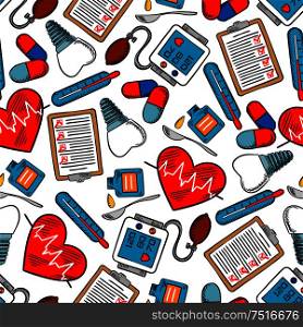 Medicine and healthcare seamless pattern with medical test clipboards, hearts with pulse graphs, tooth implants and pills, blood pressure monitors, thermometers and cough syrup with spoons. Seamless pattern of medical icons